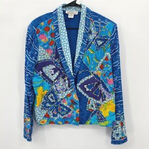 Sandy Starkman Women's Blue Butterfly‎ Floral Print Rayon Blazer Jacket Size L